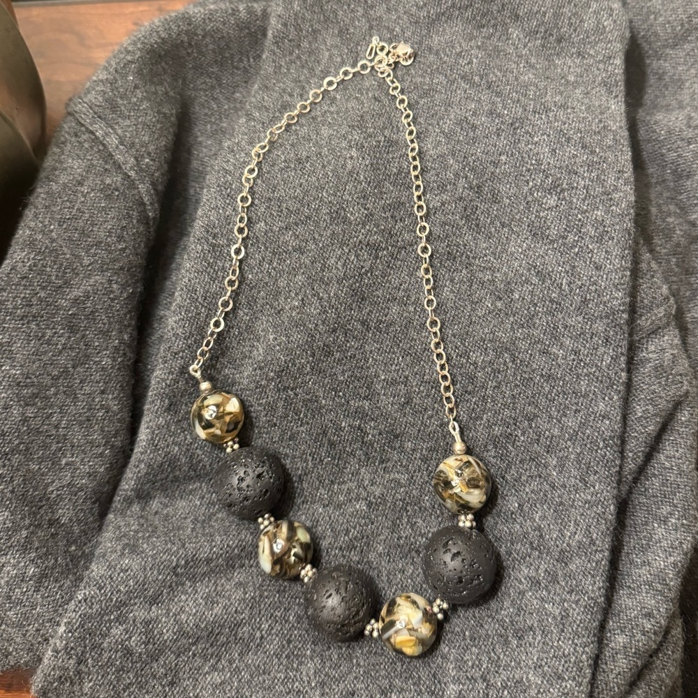 Lava Stone and Green Beaded Sterling Silver Necklace